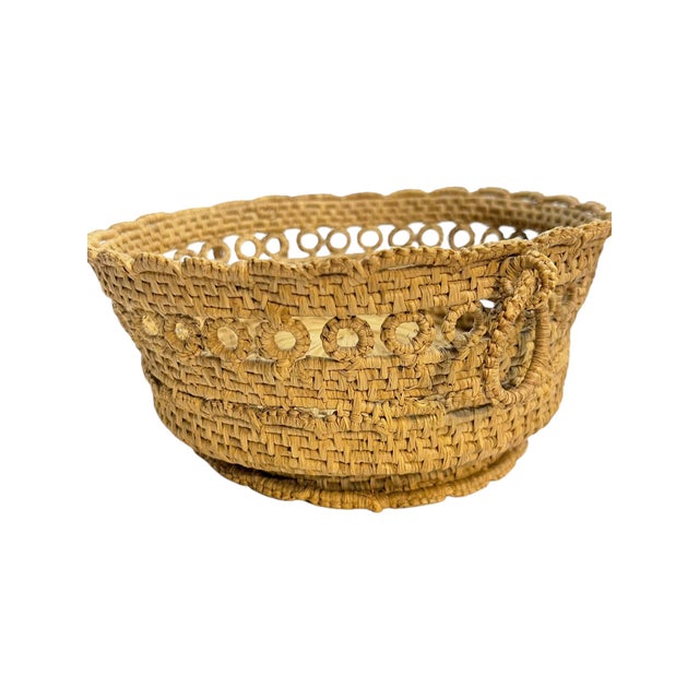 Brown Antique French Provincial Handwoven Coiled Rope Basket With Ring Handles For Sale - Image 8 of 18