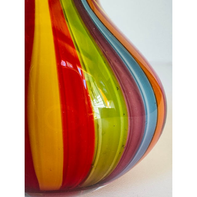Late 20th Century Badash Hand Blown Art Glass Rainbow Stripe Vase Black Rim 9" Colorful For Sale - Image 4 of 10