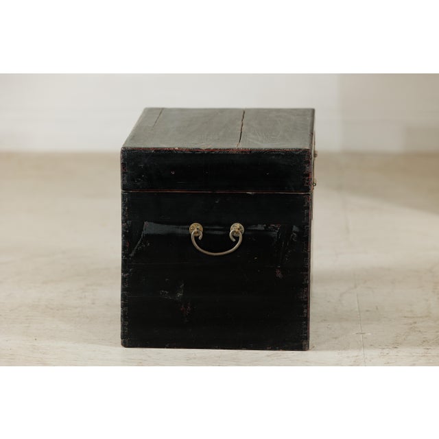 Vintage Chinese Black Lacquered Trunk with Brass Hardware and Side Handles For Sale - Image 11 of 18