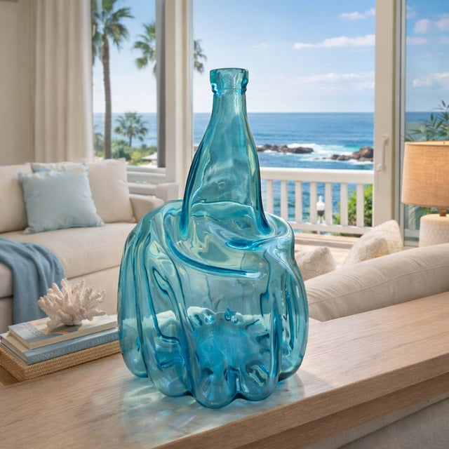 A striking oversized vintage aqua blue glass demijohn bottle featuring an organic sculptural silhouette and beautifully...