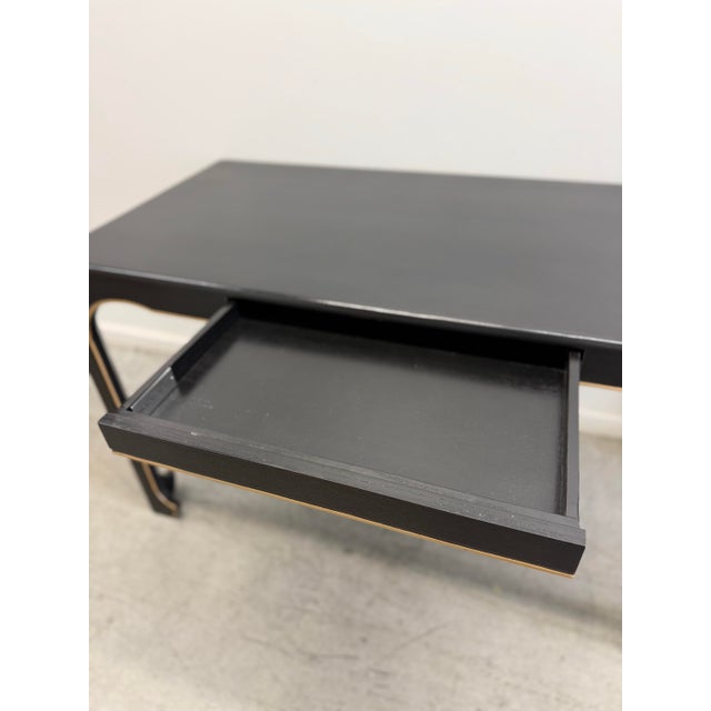 Wood Hickory White Modern Black Lacquer Console Desk With Brass Trim and Drawer For Sale - Image 7 of 12