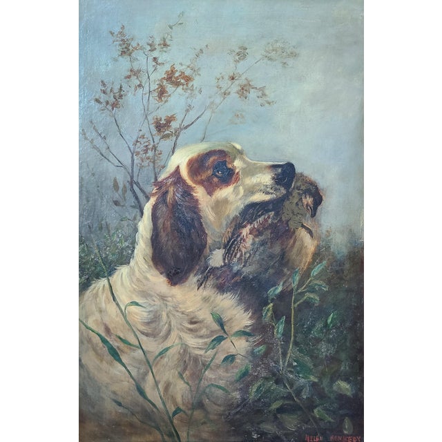 Late 19th century oil painting of an English Setter retrieving a pheasant. American school. Dates to the 1880's. The...