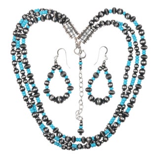 24" Geneva Apachito 3 Strand Burnished Sterling/turquoise Necklace/earrings Set For Sale