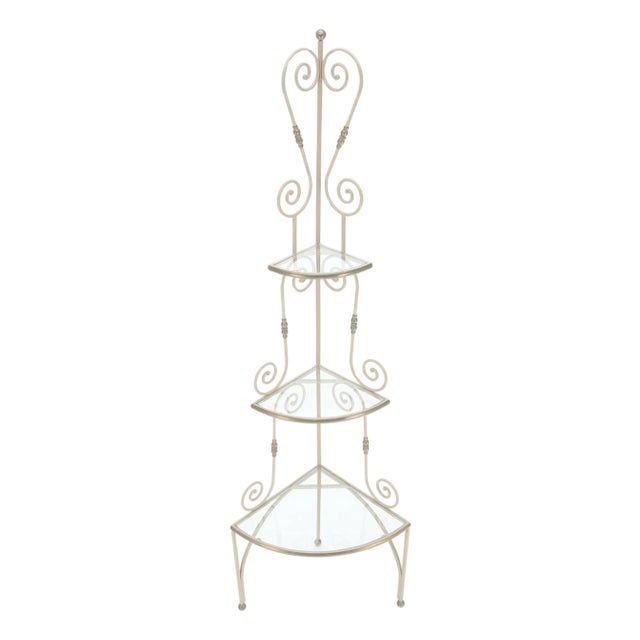 Baker Style Corner Rounded Wrought Iron Brass Glass Etagere Shelf Display c1940s For Sale