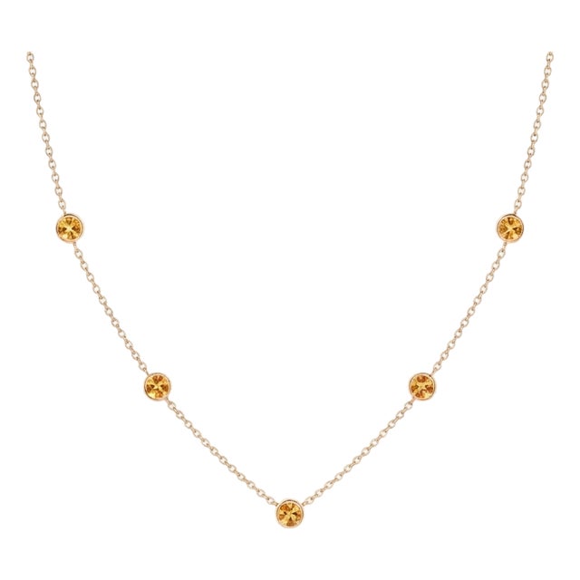 Minimalist Citrine Station Necklace | Yellow Gemstone Floating Necklace | Chain Link Round Bezel Choker Necklace For Sale