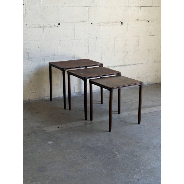Rosewood Stacking Nesting Tables Three Piece Set Denmark Vintage 1960s For Sale In Los Angeles - Image 6 of 10