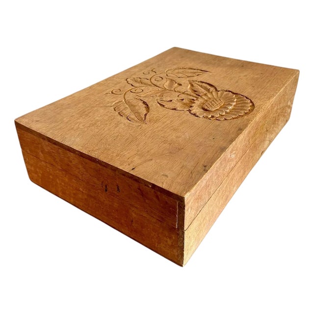 Mid 20th Century Handcarved Flower Wooden Jewelry Box For Sale