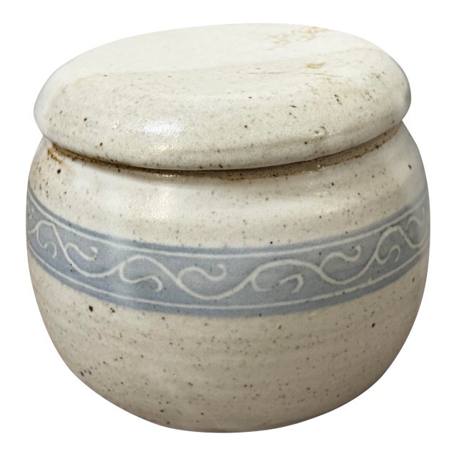 1950s Handmade 1955 Ceramic Butter Crock With Lid – Studio Pottery Swirl Band For Sale