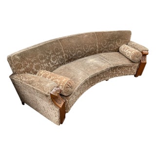 Vintage Curved Wood and Velvet Sofa, 1930s For Sale