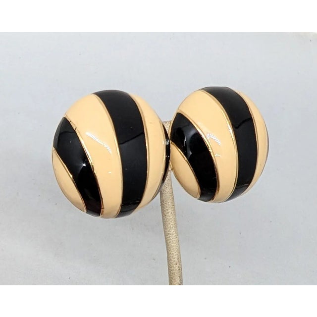 American Vintage 1980s Signed Ciner Goldtone Black & Ivory Enamel Striped Clip Earrings-2 Pieces For Sale - Image 3 of 7