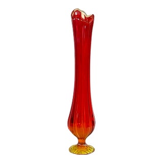 Vintage Mid Century Modern Orange and Yellow 19” Tall Swung Glass Vase For Sale