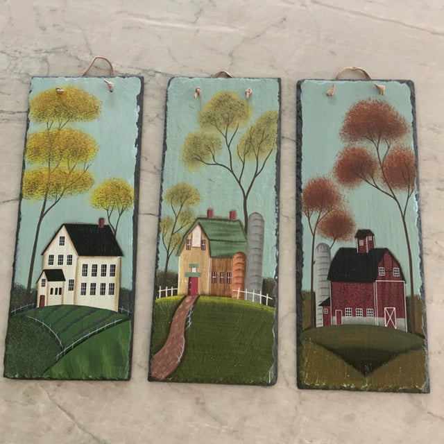 Textile Vintage Painting of Rustic Green Barn on Slate For Sale - Image 7 of 8
