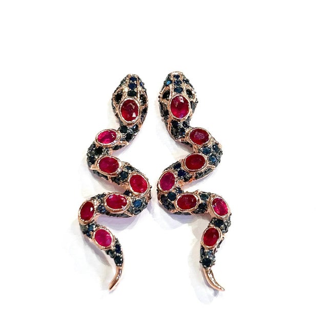 Metal Bochic “Orient” Ruby & Multi Sapphire Serpent Earrings Set In 18K Gold & Silver For Sale - Image 7 of 9