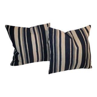 Blue and White Striped Linen Pillows For Sale
