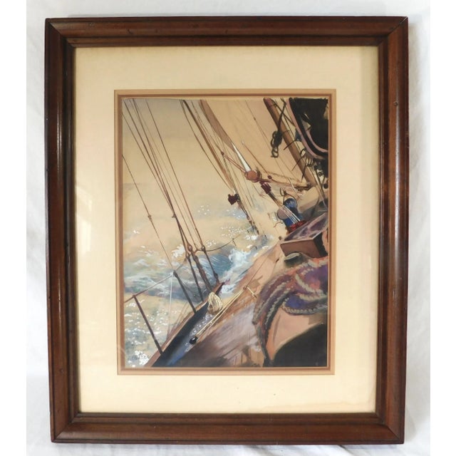 1980s Vintage Original Signed Nautical Seascape Sailboat Watercolor Framed Hanging Wall Art Picture For Sale - Image 5 of 14