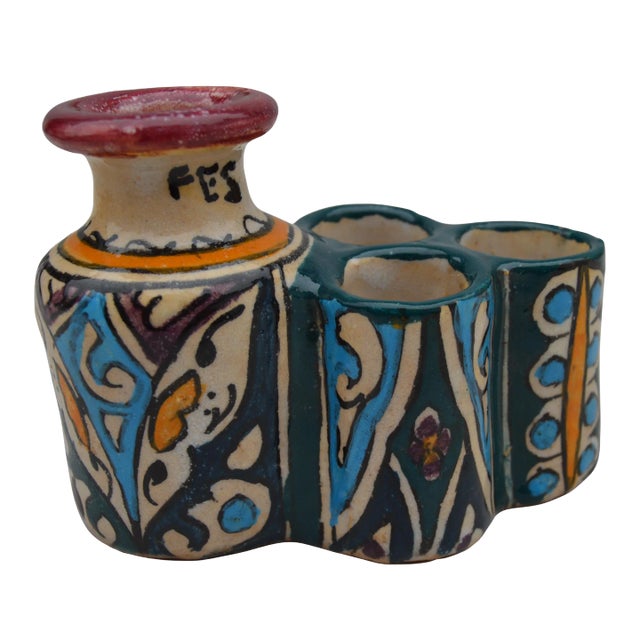 Mid 20th Century Moorish Colorful Ceramic Inkwell With Catchall For Sale