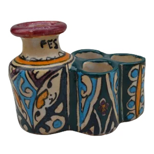 Mid 20th Century Moorish Colorful Ceramic Inkwell With Catchall