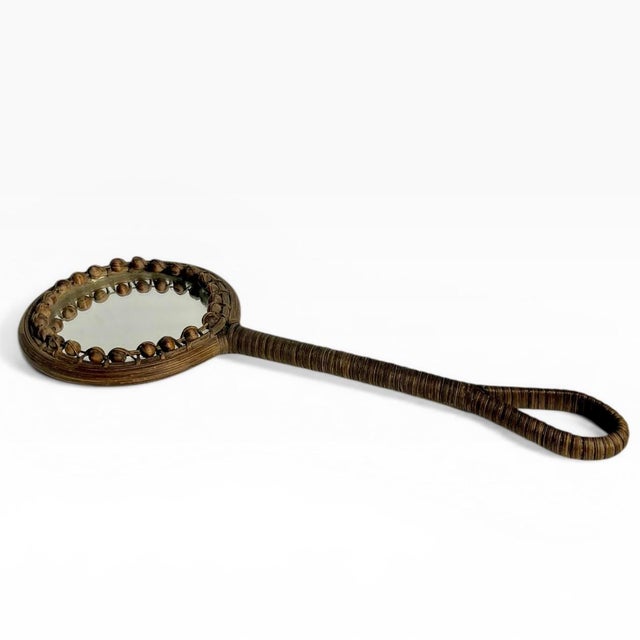 Vintage French Wicker Wrapped Hand Mirror With Decorative Beaded Frame For Sale - Image 9 of 13