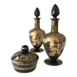 Mid 20th Century German 22K Gold, Enamel & Smoke Glass Liquor Decanter Bottle Set - 3 Pieces