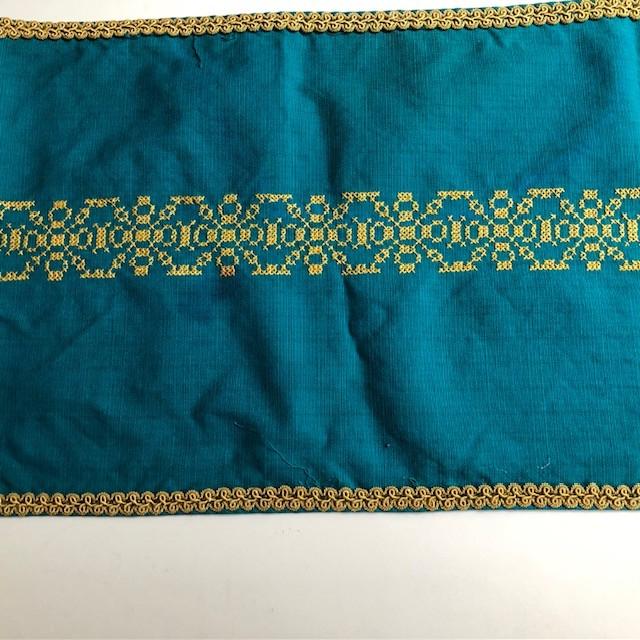 Beautiful vintage mid-century handmade table runner. Turquoise linen fabric cloth with gold soutache embroidery. Perfect...