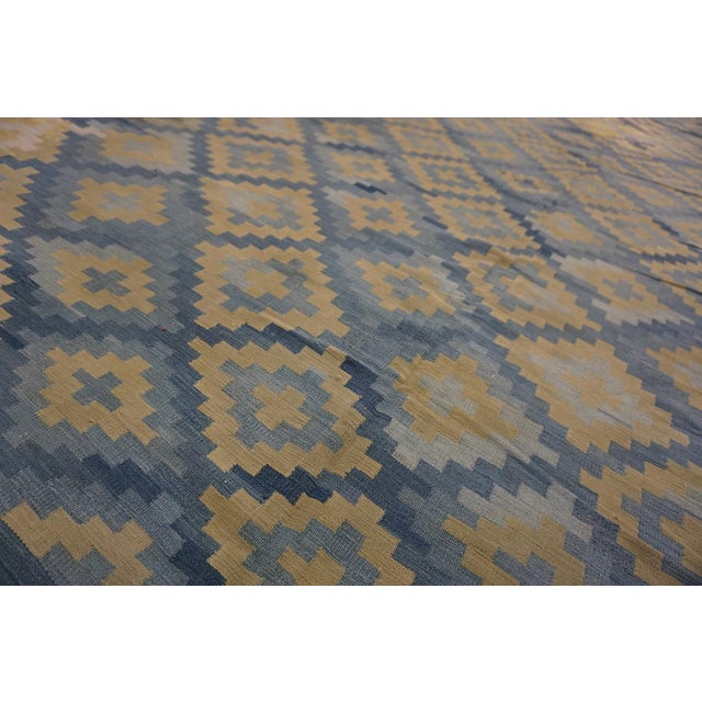 Early 20th Century 1930s Blue Geometric Tribal Antique Indian Cotton Dhurrie Rug 10' X 12'2" Flatweave Carpet For Sale - Image 5 of 11