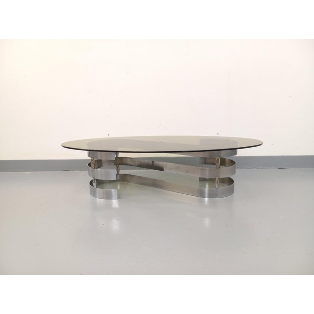 Metal Vintage Oval Coffee Table in Smoked Glass and Chrome Metal from the 1970s For Sale - Image 7 of 17