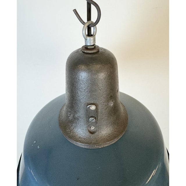 Industrial Blue Enamel Factory Lamp with Cast Iron Top, 1960s For Sale - Image 9 of 18