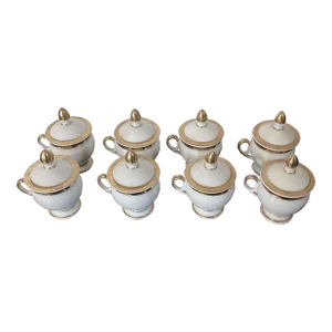 Antique 19th Century French Empire Old Paris Porcelain Pot De Creme or Handled Cups and Covers in White With Gold Bands 1800- Set of 8