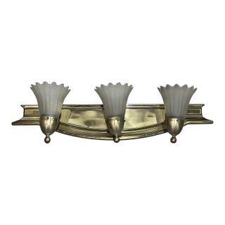 Vintage Hollywood Regency Style Fixture Frosted Tulip Shades 3 Light Wall Sconce Vanity For Sale