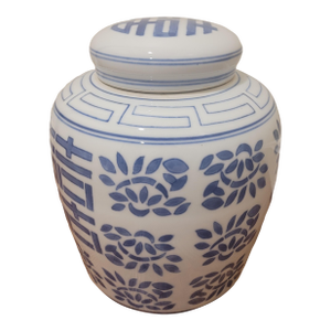 Blue and White Lidded Urn Jar