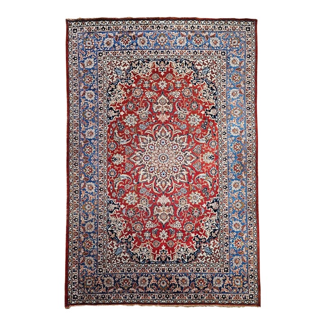 Vintage Isfahan Rug, Hand-Knotted Wool, Floral Pattern, Red & Blue, 9x12 For Sale