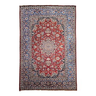 Vintage Persian Isfahan Rug, Hand-Knotted Wool, Floral Pattern, Red & Blue, 9x12 For Sale