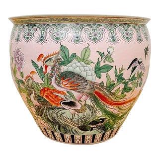 X-Large Famille Rose Fish Bowl Planter Mandarin Ducks & Phoenix Birds For Sale