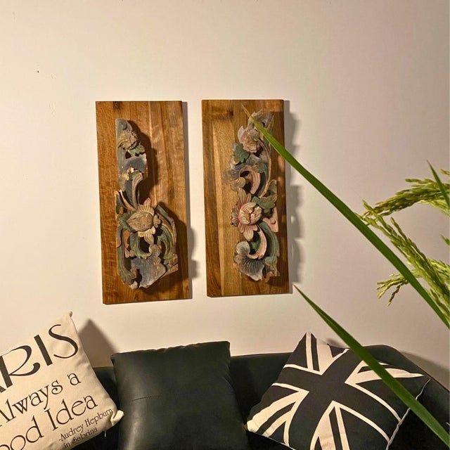 Chinoiserie c.1920 Chinese Carved Polychrome Openwork Architectural Panels – Pair For Sale - Image 3 of 11