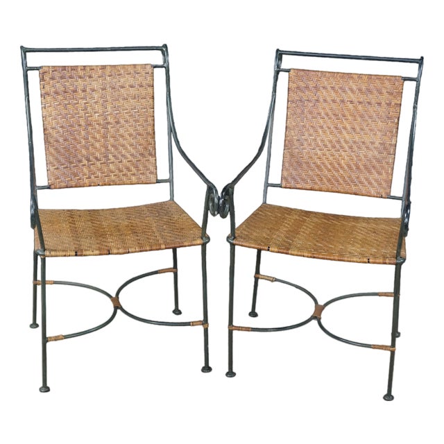 Pair Mid Century Modern Iron Wicker Patio Chairs Vintage Wrought Iron Dining Armchairs For Sale