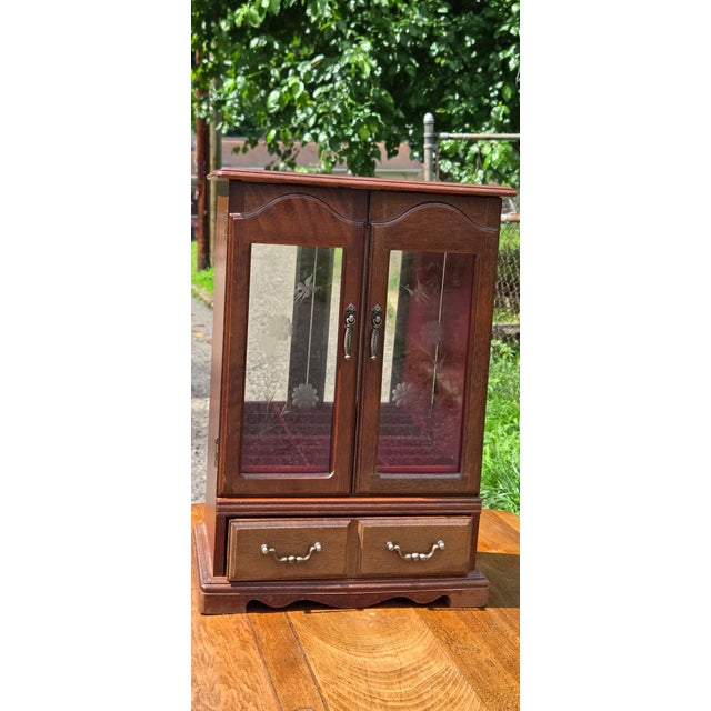 Vintage Wooden Jewelry Armoire With Etched Glass Doors & Red Velvet Lined Interior For Sale - Image 11 of 16
