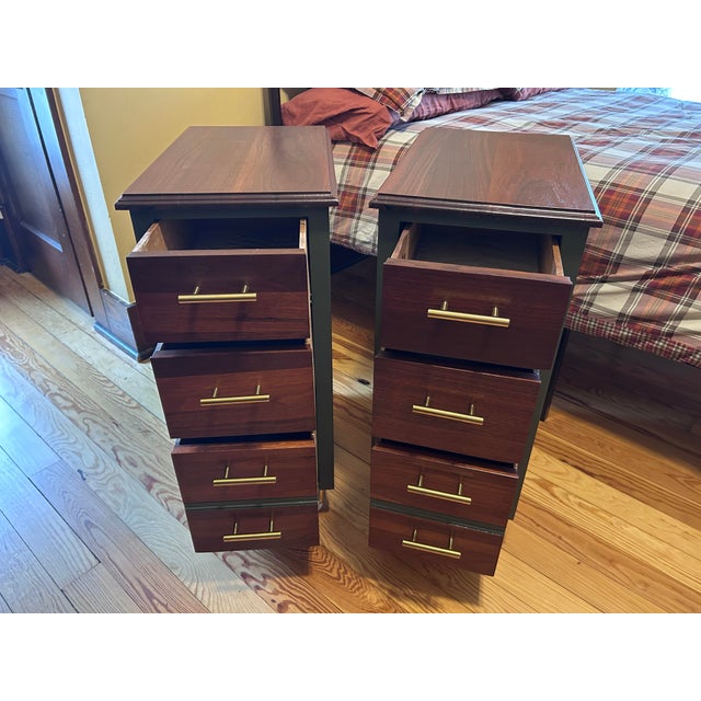 Pair of Refinished Vintage Pieces — Reimagined as Nightstands | Walnut & Deep Green With Brass Hairpin Legs For Sale - Image 4 of 8