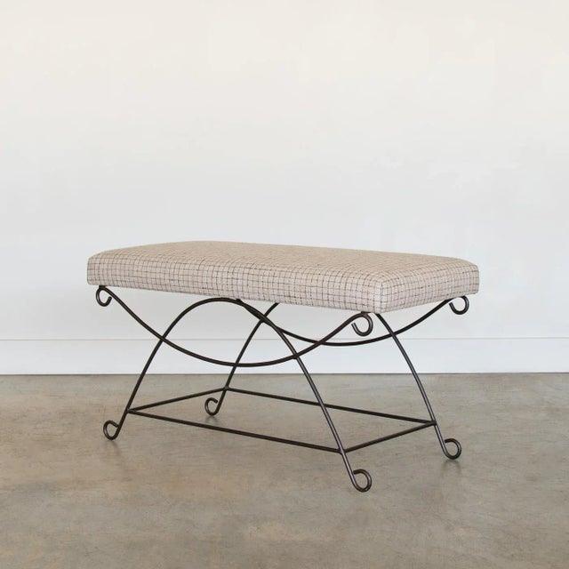Panoplie Iron Loop Bench, Linen Check For Sale In Los Angeles - Image 6 of 10