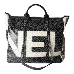 Black and Beige Coated Canvas and Leather Camellia & CC Print Shopper Tot