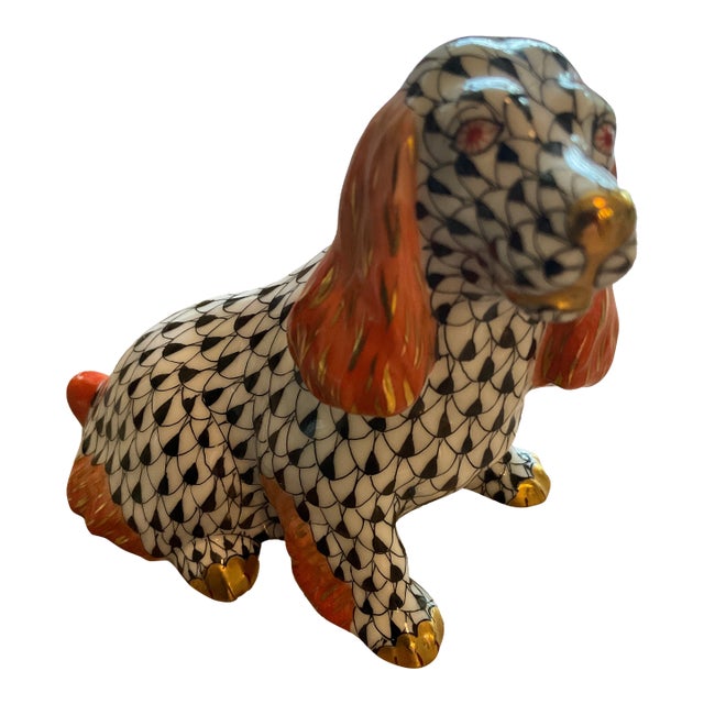 Late 19th Century Herend Black Fishnet Sitting Spaniel For Sale