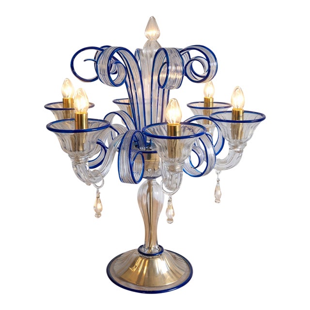 Table Lamp Murano Glass 5 Arms in Clear and Blue For Sale