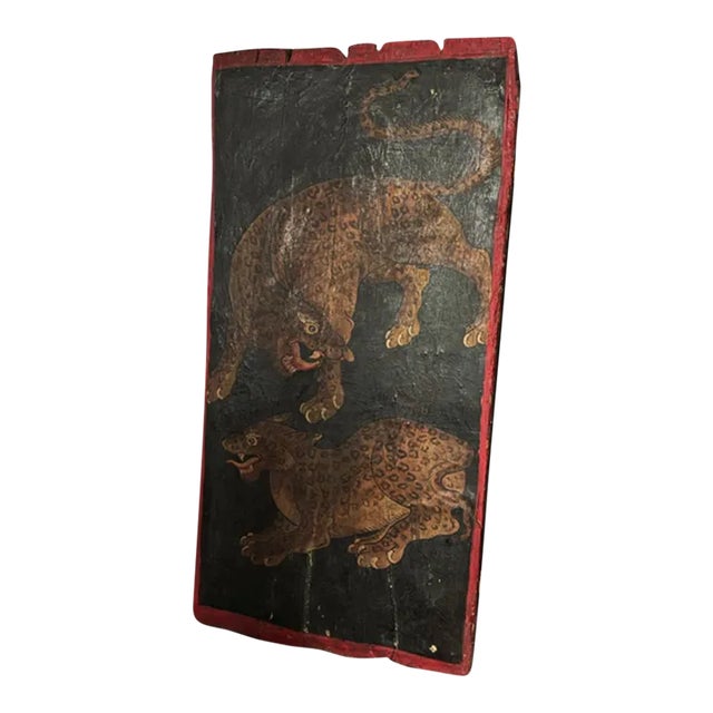 Antique Tibetan Painted Door Panel Leopards For Sale
