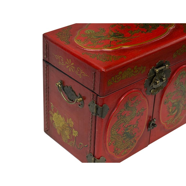 1990s Chinese Oriental Red Dragon Phoenix Mirror Rectangular Jewelry Box For Sale - Image 5 of 10