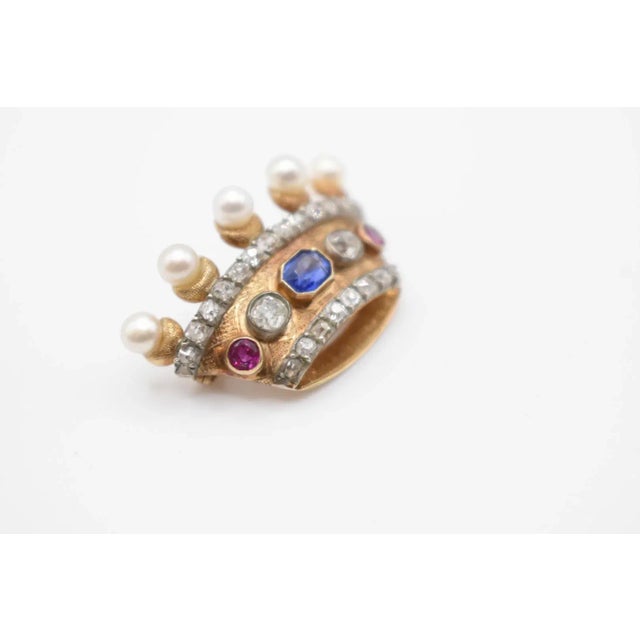 Metal Antique Pearl, Ruby, Sapphire and Diamond Crown Brooch For Sale - Image 7 of 9