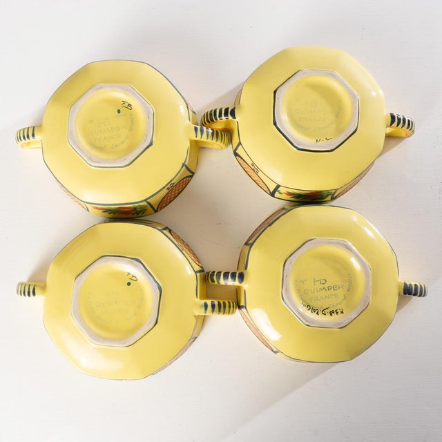 French Country Mid 20th Century Hb Henriot Quimper Faience Soleil Yellow Cream Soup Bowls - Set of 4 For Sale - Image 3 of 9