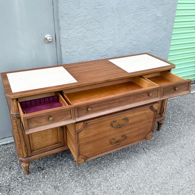 Traditional Vintage Mid Century Marble Inlaid Credenza by Thomasville For Sale - Image 3 of 10