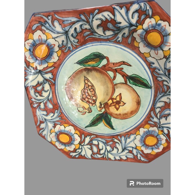 Late 20th Century Late 20th Century Italian Majolica Hand Painted Floral Pomegranate Platter Wall Hanging For Sale - Image 5 of 7