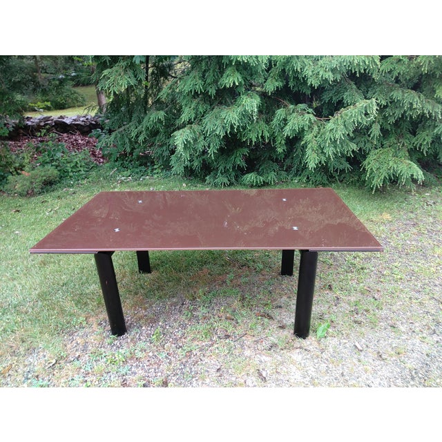 1990s Expandable Custom Made Chocolate Brown Glass Table With Black Chrome Metal Base For Sale - Image 9 of 11