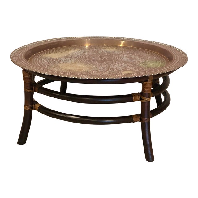 Moroccan Bamboo and Rattan Ficks Reed Coffee Table With Metal Tray