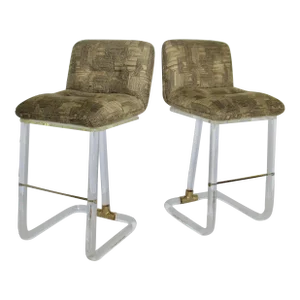 C1970's Signed Leon Frost(Design) for "Lion in Frost" Tubular Lucite & Brass Counter Stools - Pair